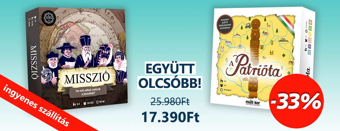 <p><strong>Ingyenes szállítás MPL csomagautomatába vagy csomagpontra!</strong></p>

<p>A csomag a Misszió és A Patrióta társasjátékokat tartalmazza ingyenes szállítással.</p>

<p><em>A kedvezményes csomag más akcióval nem vonható össze.</em></p>

