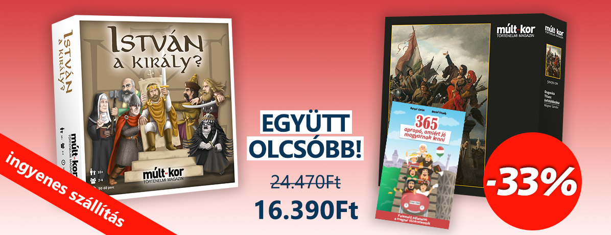<p><strong>Ingyenes szállítás MPL csomagautomatába vagy csomagpontra!</strong></p>

<p>A kedvezményes csomag tartalmazza az István a király? társasjátékot, a Mesterművek kollekció 1. (Dugovics Titusz önfeláldozása) kirakóst és a 365 apropó, amiért jó magyarnak lenni című könyvet</p>

<p><em>A kedvezményes csomag más akcióval nem vonható össze.</em></p>
