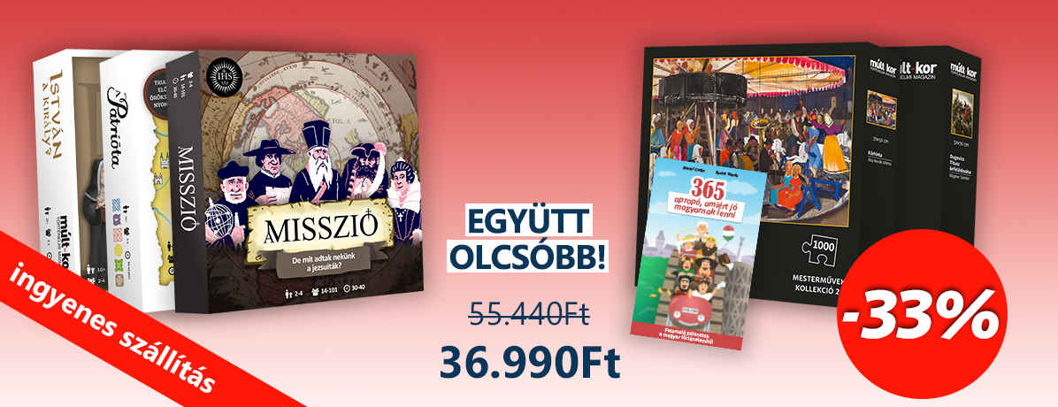 <p><strong>Ingyenes szállítás MPL csomagautomatába vagy csomagpontra!</strong></p>

<p>A csomag tartalmazza A Patrióta, A Misszió és az István a király? című társasjátékokat, a Mesterművek Kollekció 1-2. részeit, illetve a 365 apropó, amiért jó magyarnak lenni című könyvet ingyenes szállítással.</p>

<p><em>A kedvezményes csomag más akcióval nem vonható össze.</em></p>
